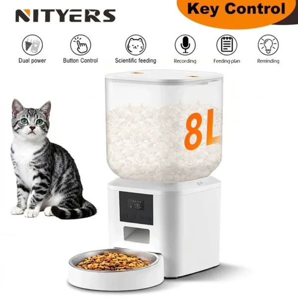 NITYERS 8L Automatic Cat Feeder, Smart Pet Food Dispenser with Key Control